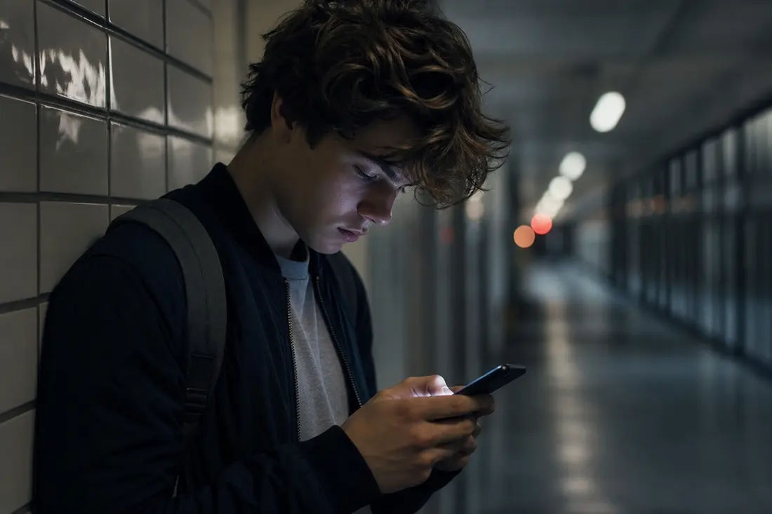 Un adolescent avec un sac à dos, adossé à un mur carrelé dans un couloir sombre, le visage éclairé par l'écran de son téléphone