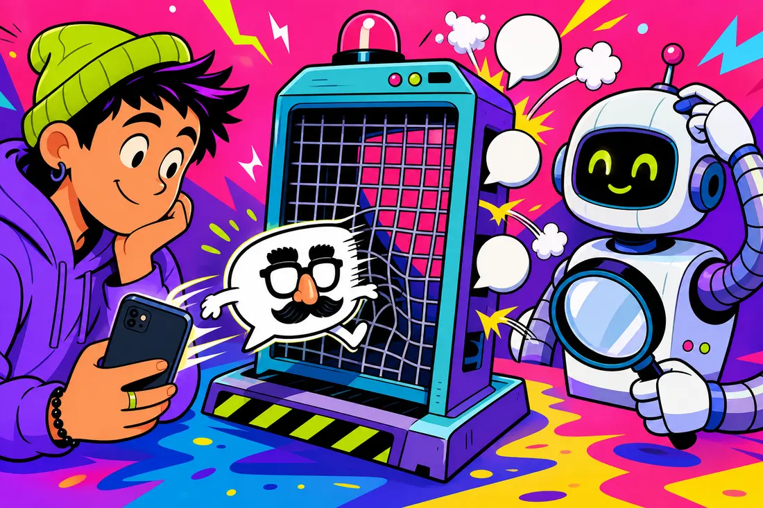 Illustration : une bulle de message déguisée avec fausses lunettes et moustache franchit le filtre d'un robot de modération perplexe