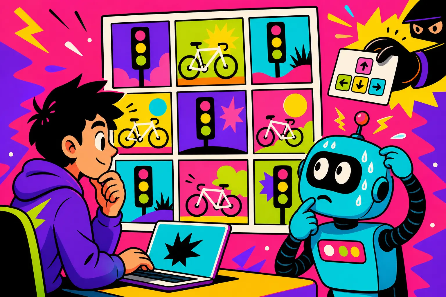 Illustration d'un jeune devant une grille d'images de feux et de vélos, à côté d'un robot qui transpire face au même test et d'une main masquée tendant une carte de raccourcis