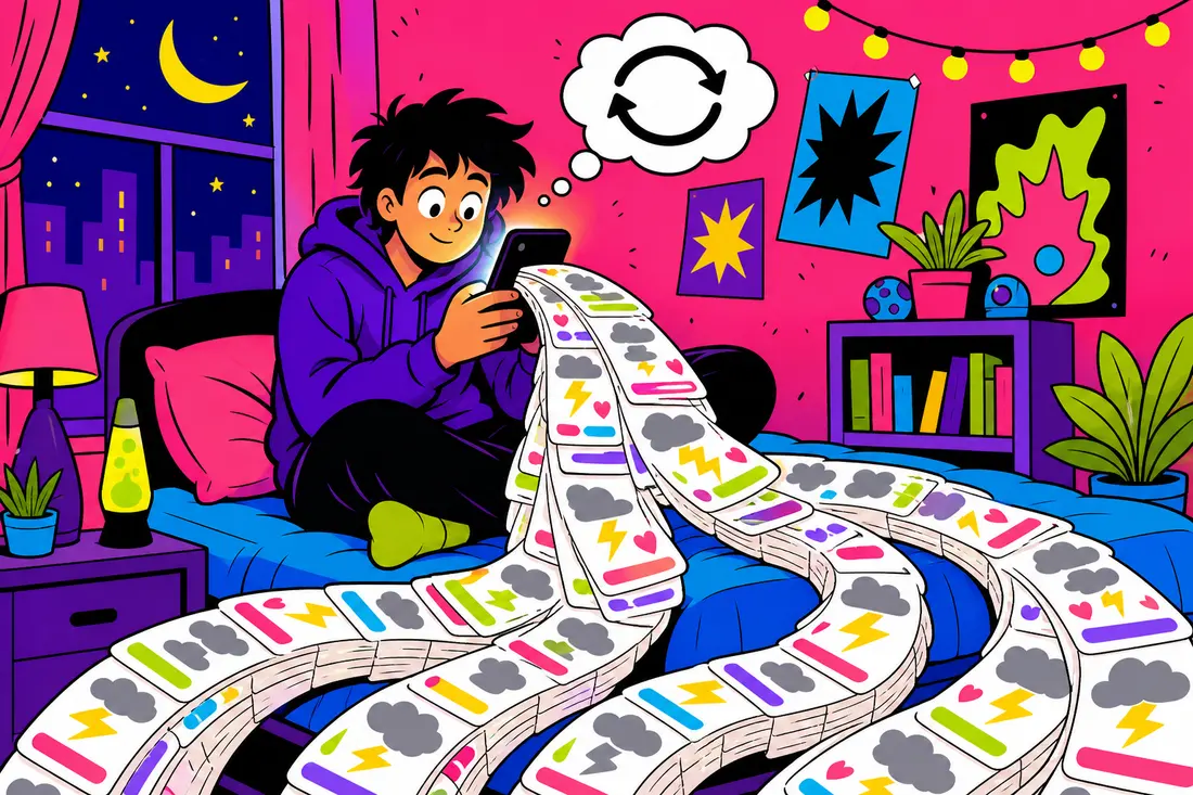 Illustration d'un jeune assis sur son lit la nuit, un ruban de fil d'actualité sans fin jaillissant de son téléphone et s'enroulant autour de ses jambes