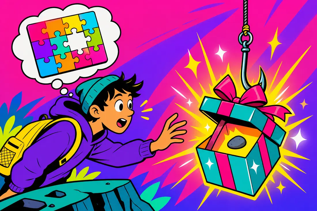Illustration d'un jeune tendant la main vers un cadeau brillant suspendu à un hameçon géant, qui ne renferme qu'un minuscule caillou gris