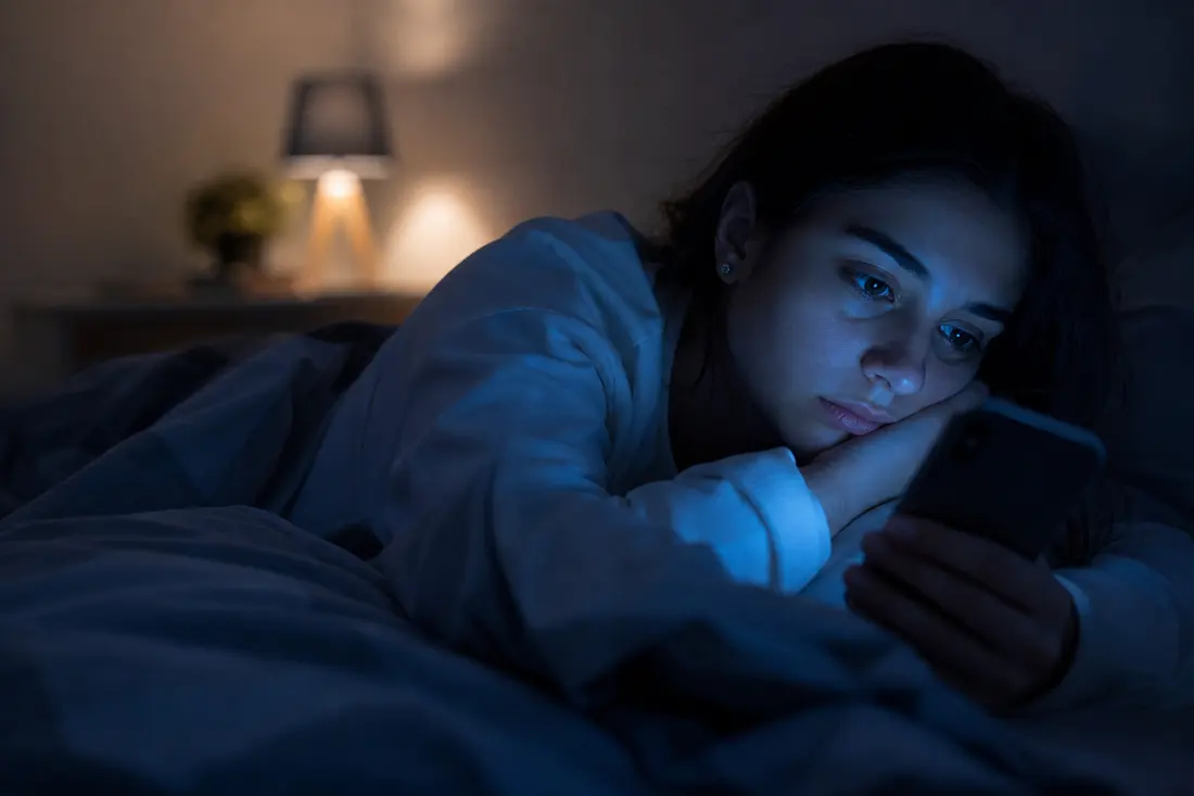 Jeune femme allongée dans son lit la nuit, le visage éclairé en bleu par l'écran de son téléphone, l'air absorbé et un peu triste