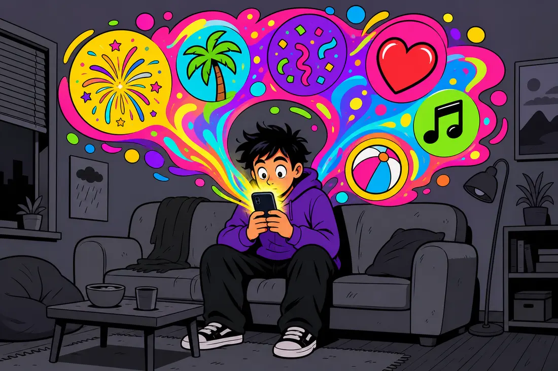 Illustration d'un jeune seul sur un canapé gris, submergé par une vague de bulles colorées de fêtes et de vacances jaillissant de son téléphone