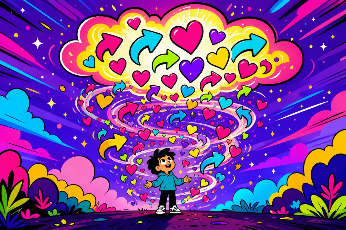 Illustration d'un jeune enfant cartoon entouré d'une pluie d'icônes de partage et de cœurs colorés qui s'envolent en spirale vers un immense nuage flottant au-dessus de lui