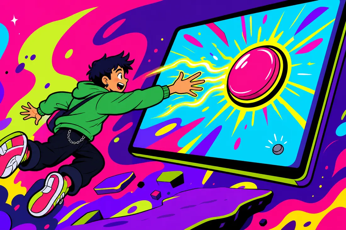 Illustration d'un jeune face à un écran géant où un bouton coloré et surdimensionné attire sa main, tandis qu'un minuscule bouton gris se cache presque invisible tout en bas de l'interface
