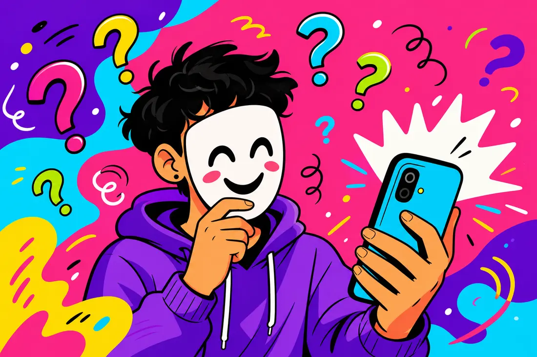 Illustration d'un jeune tenant un masque cartoon souriant devant son visage tandis qu'il partage une information depuis son téléphone, entouré de petits points d'interrogation flottants qui trahissent le doute autour de lui
