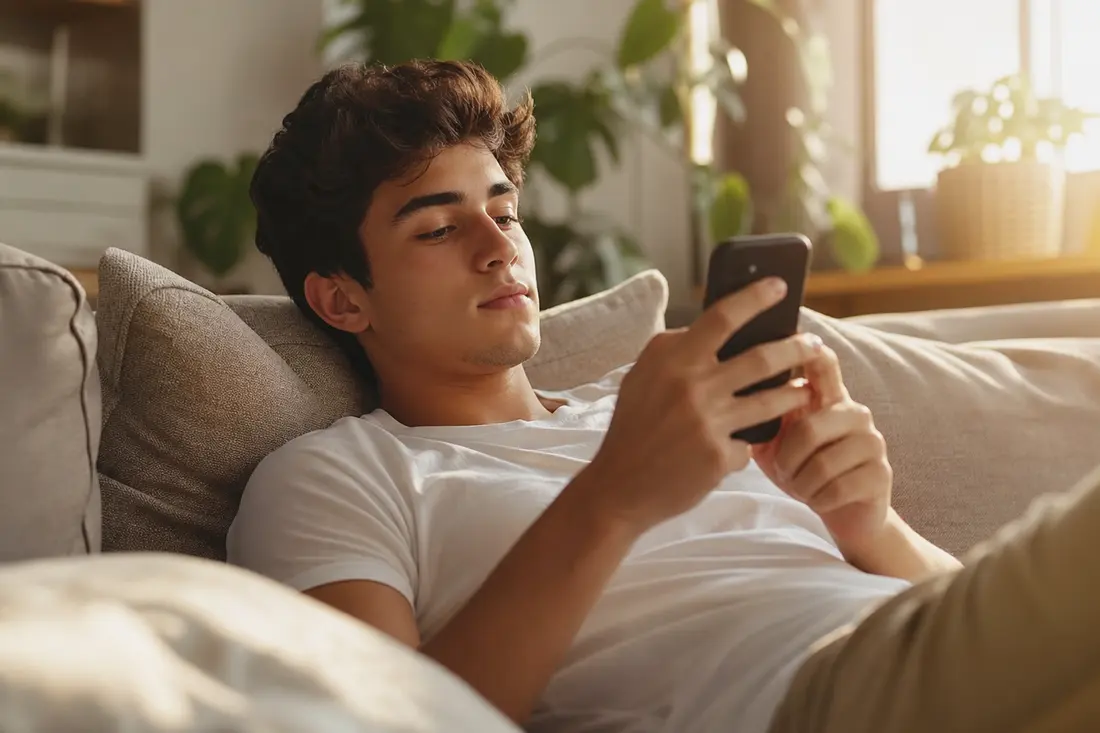 Jeune homme en tee-shirt blanc allongé sur un canapé beige, smartphone à la main, dans un salon lumineux plein de plantes