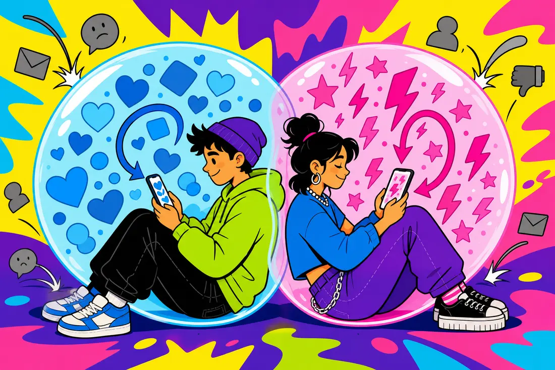 Illustration de deux jeunes assis dos à dos, chacun enfermé dans une bulle géante remplie d'icônes colorées identiques