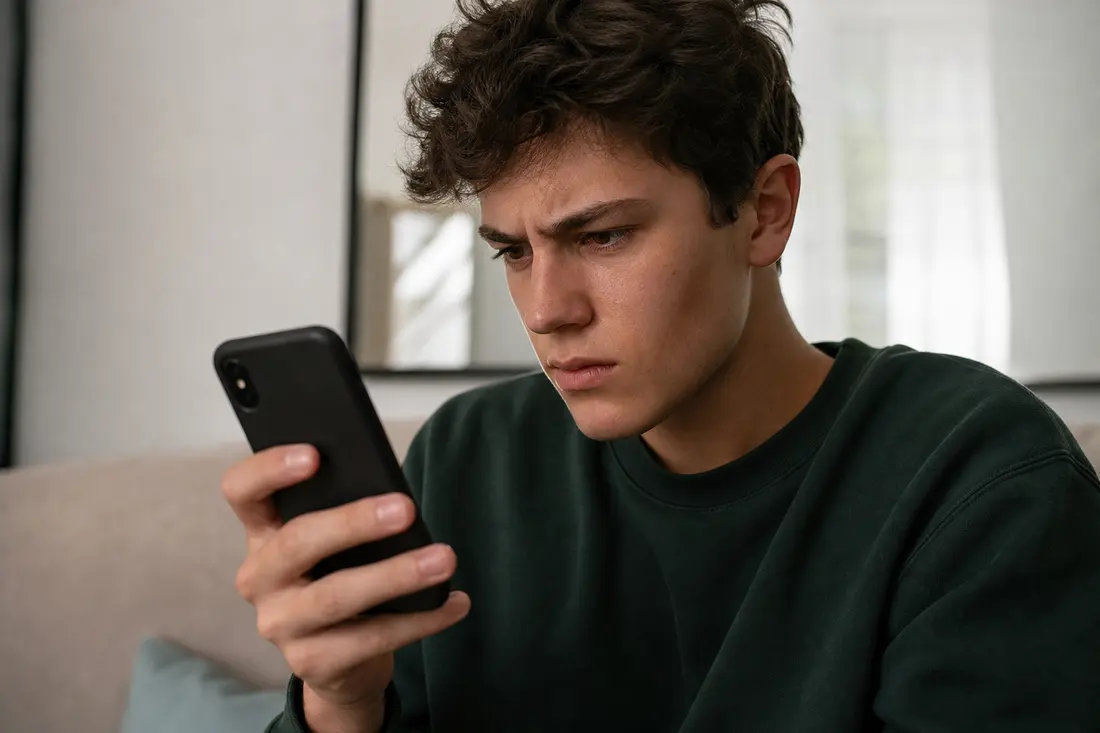 Jeune homme en sweat vert foncé, assis sur un canapé, les sourcils froncés, qui scrute l'écran de son smartphone