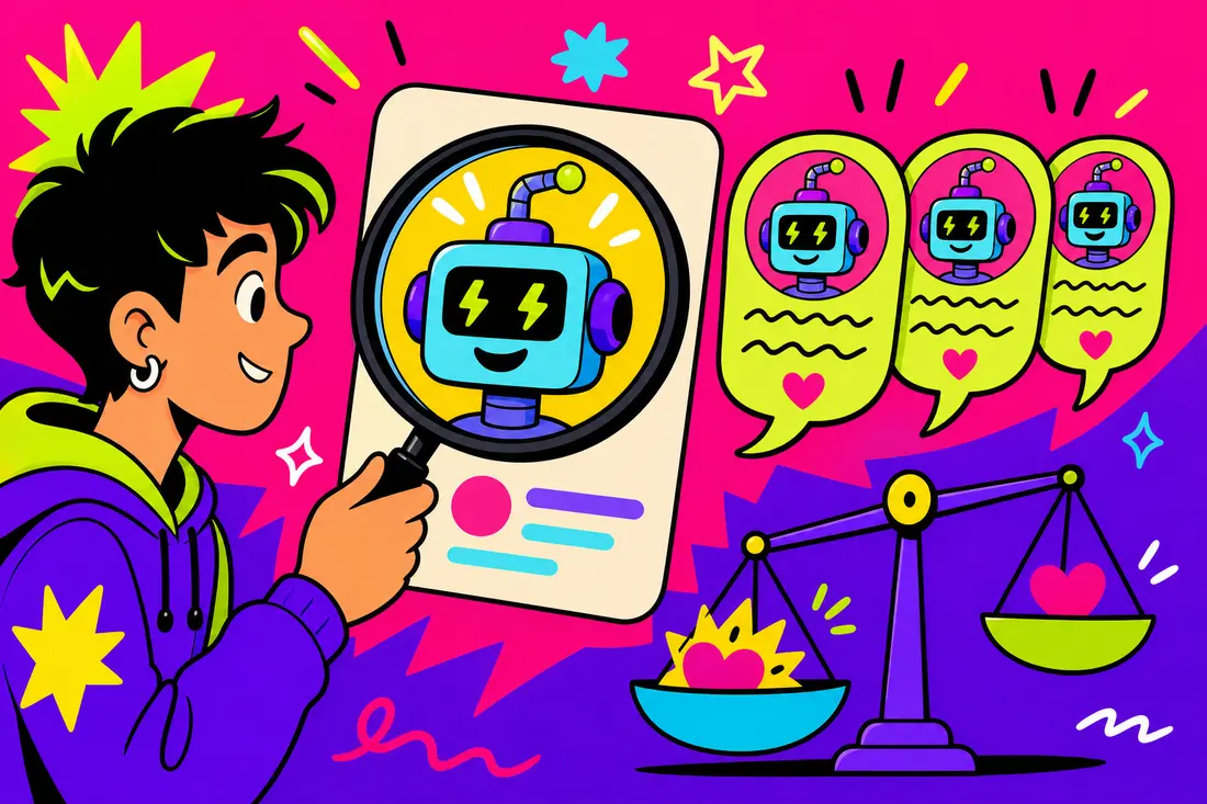 Illustration : un jeune scrute une carte de profil à la loupe et découvre une tête de robot derrière l'avatar souriant