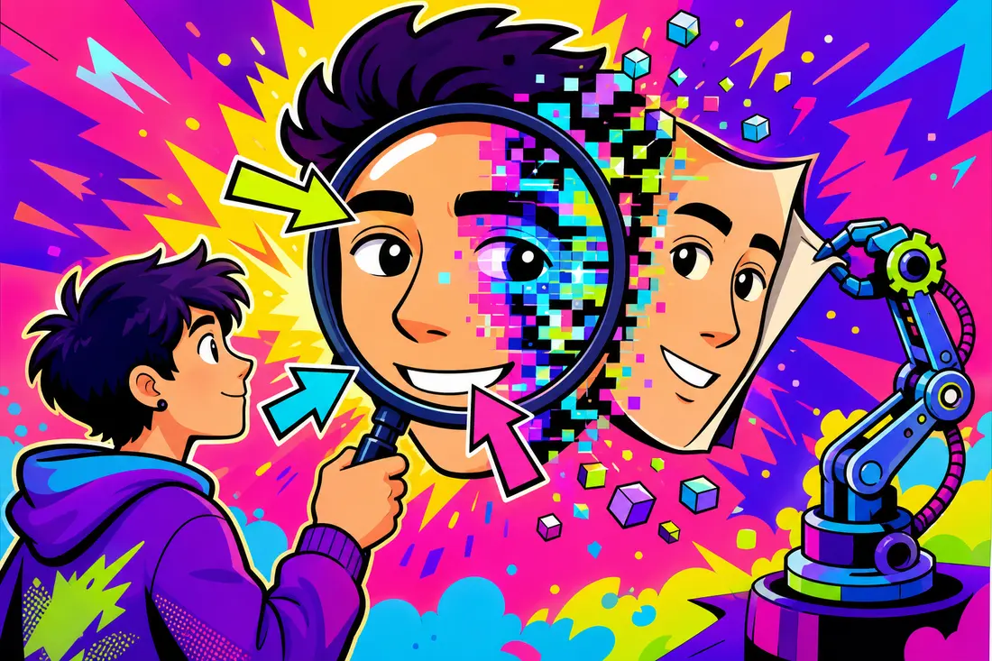Illustration d'un jeune qui inspecte à la loupe un visage géant dont la moitié se désagrège en pixels pendant qu'un masque identique se décolle