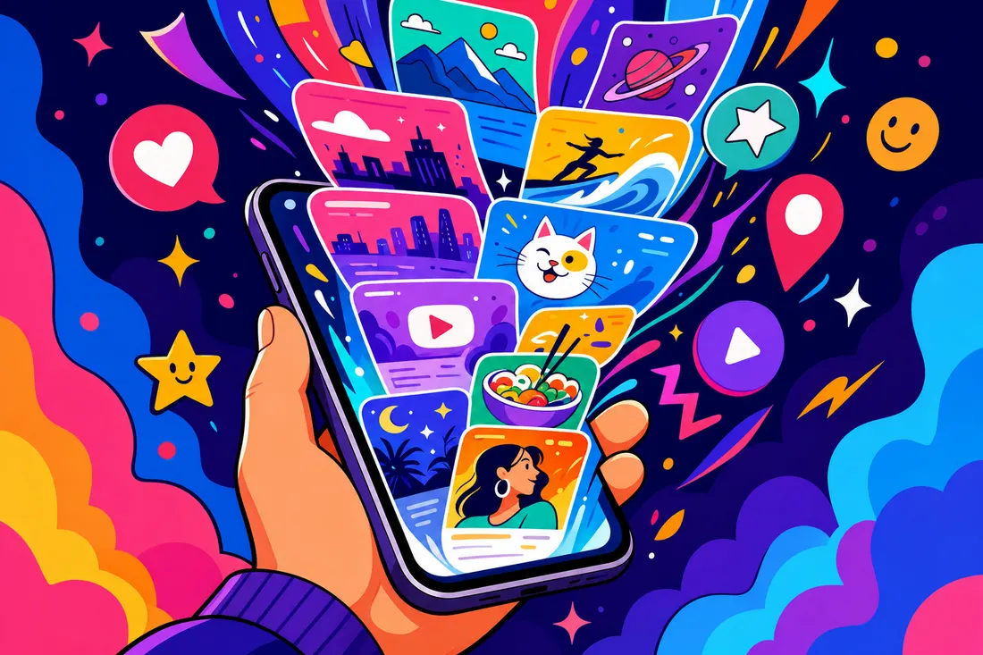 Une main tient un smartphone d'où jaillissent des cartes d'articles colorées, entourées d'icônes coeur, étoile, lecture et localisation