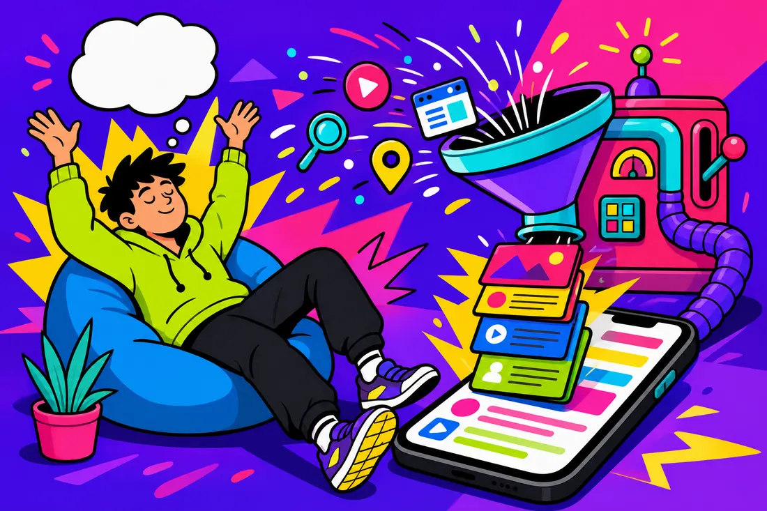 Illustration : un jeune n'a rien tapé, une machine aspire ses traces en ligne et déverse une pile de cartes d'articles sur son téléphone