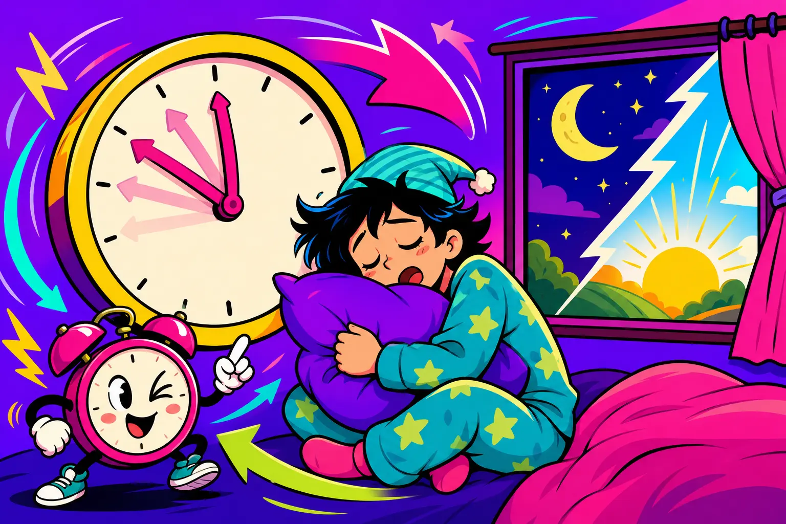 Illustration d'un jeune en pyjama qui serre un oreiller pendant qu'une grande horloge recule ses aiguilles et qu'un réveil rigolo lui fait un clin d'œil
