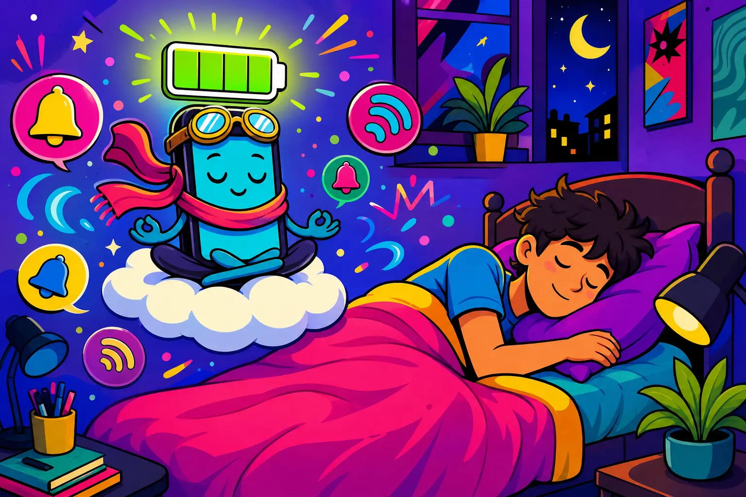Illustration d'un téléphone à lunettes d'aviateur qui médite sur un nuage, entouré de notifications figées, pendant qu'un jeune dort paisiblement dans son lit
