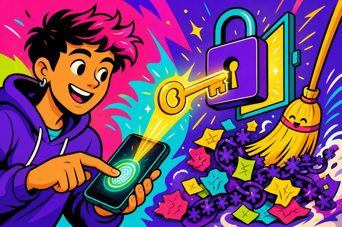 Illustration d'un jeune qui pose son doigt sur un téléphone d'où jaillit une clé dorée qui ouvre un cadenas, pendant qu'un balai chasse des post-it et des astérisques