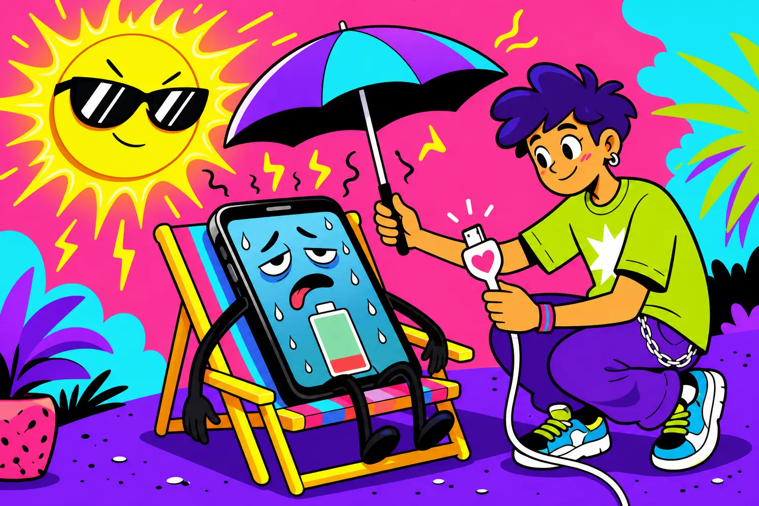 Illustration d'un smartphone épuisé et en sueur sur un transat en plein soleil, abrité sous un parapluie par un jeune qui lui tend un câble de charge orné d'un cœur