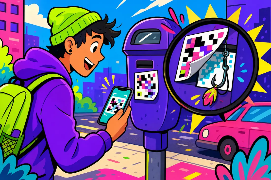 Illustration d'un jeune qui scanne un QR code sur un horodateur, tandis qu'une loupe révèle un autocollant décollé cachant un hameçon de pêche