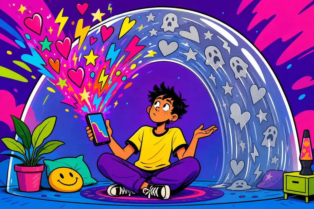 Illustration : un jeune créateur voit les cœurs et éclairs sortis de son téléphone rebondir sur un dôme invisible et devenir gris fantôme