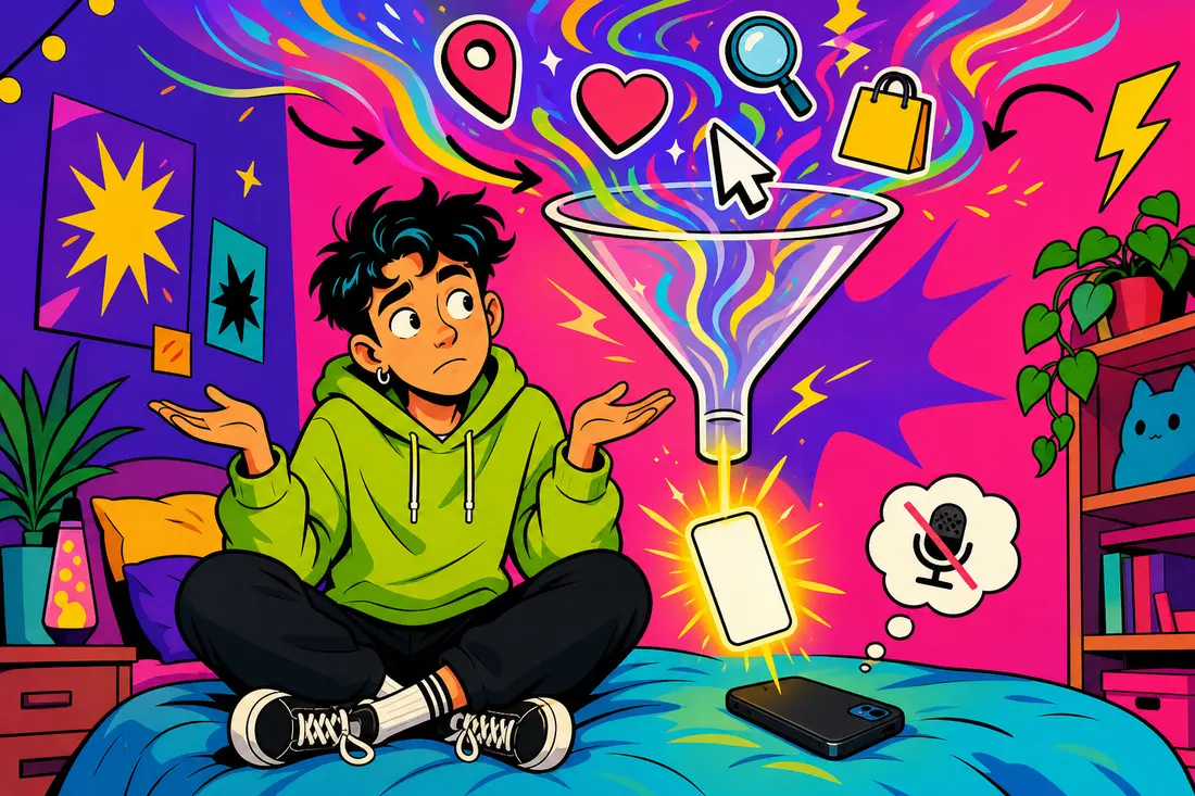 Illustration d'un jeune perplexe, téléphone posé micro barré, pendant qu'un entonnoir aspire des icônes de données pour recracher une pub