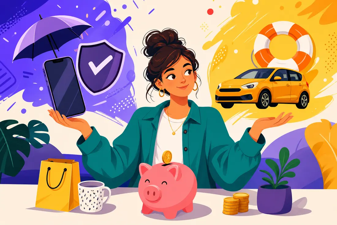 Une jeune femme en veste turquoise, bras ouverts entre un téléphone sous un parapluie et une voiture jaune avec une bouée, tirelire au premier plan