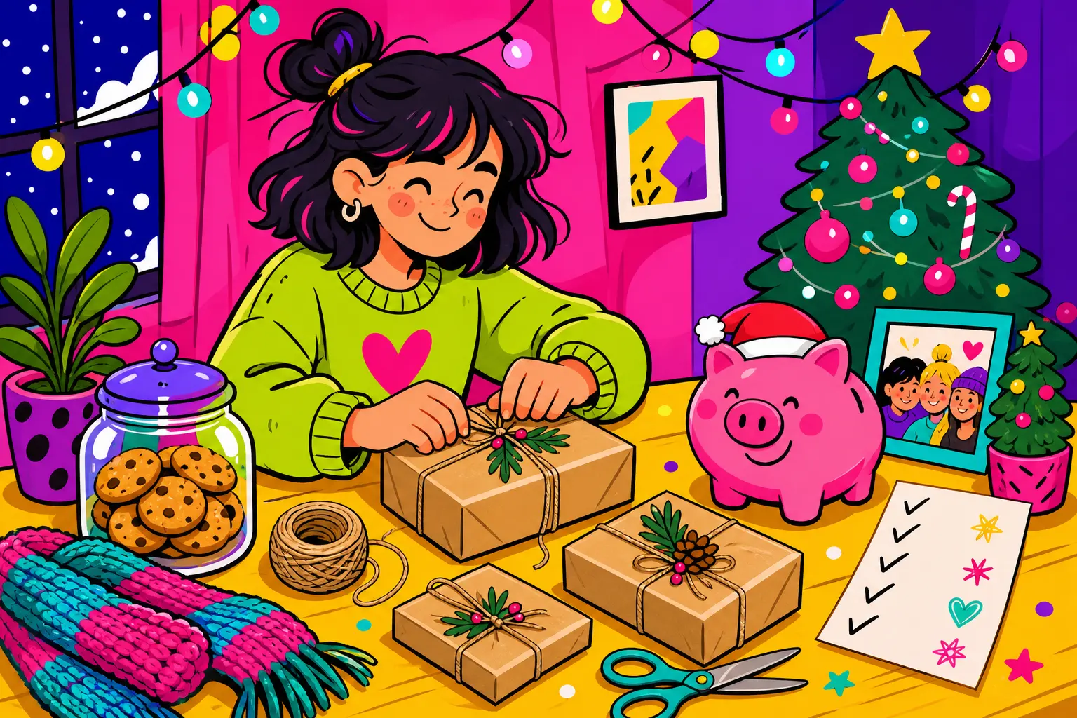 Illustration d'une jeune femme souriante qui emballe des cadeaux en papier kraft, entourée de cookies maison, d'une écharpe tricotée et d'une tirelire en bonnet de Père Noël
