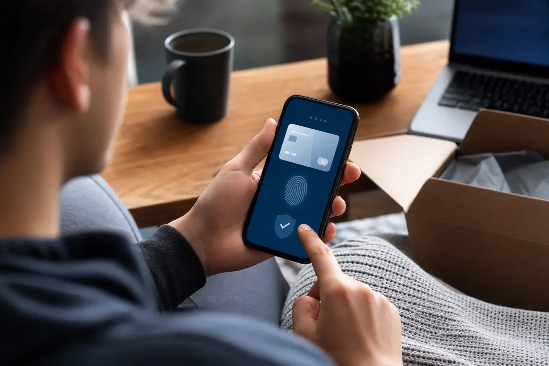 Vue par-dessus l'épaule d'une jeune personne tenant son téléphone, dont l'écran affiche une carte bancaire, une empreinte digitale et un bouclier validé