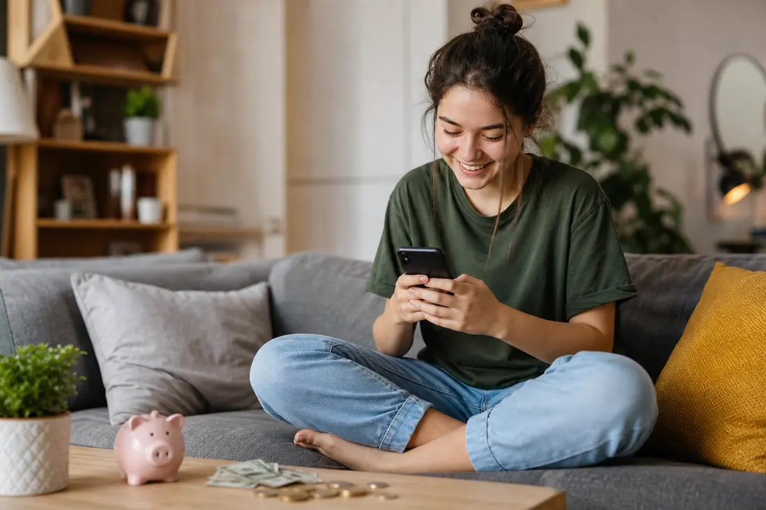 Une jeune femme souriante, assise en tailleur sur un canapé, regarde son téléphone ; devant elle une tirelire rose, des billets et des pièces
