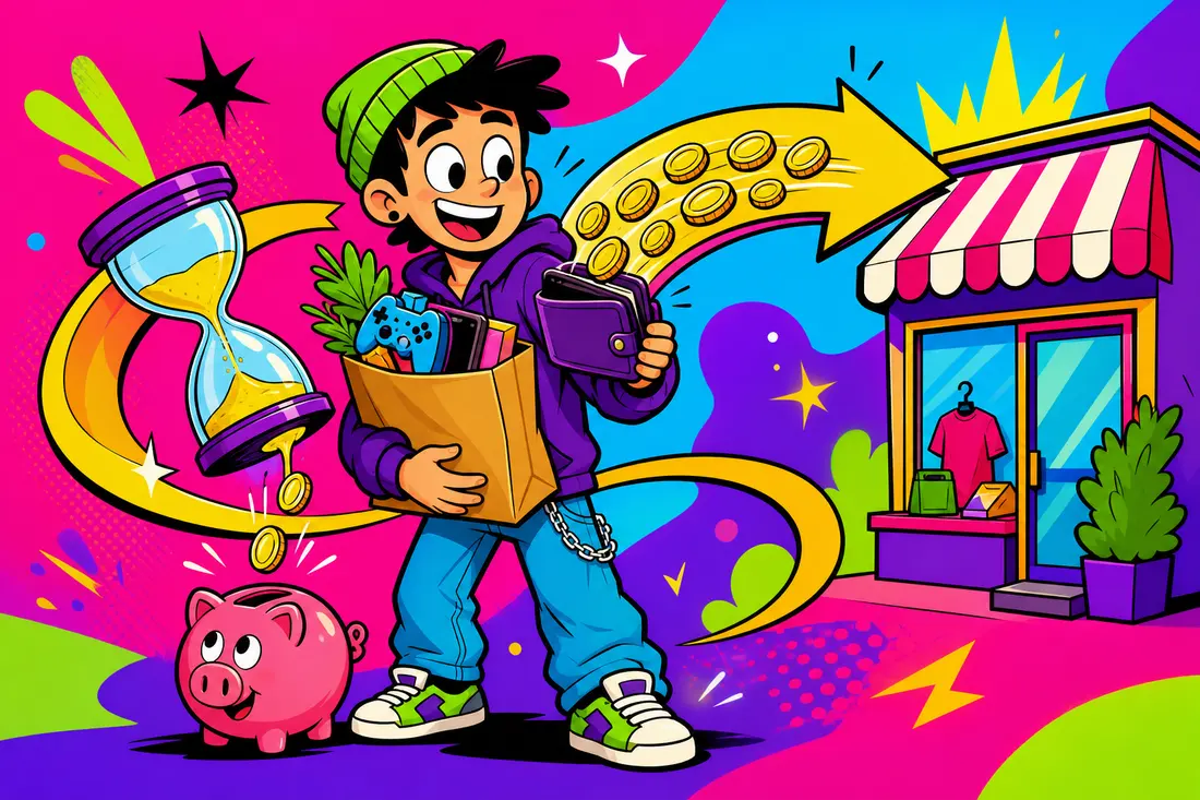 Illustration d'un jeune acheteur dont l'argent part vers une boutique puis revient en partie en pièces dans sa tirelire, ralenti par un sablier