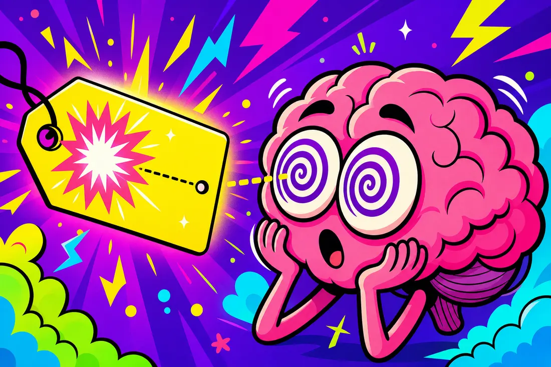 Illustration d'un cerveau cartoon géant qui regarde une étiquette de prix avec de grands yeux hypnotisés, tandis qu'un tout petit chiffre final minuscule fait basculer toute son attention vers la partie gauche du prix