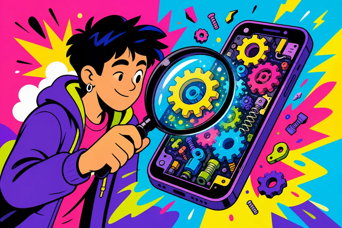 Illustration d'un jeune tenant une loupe géante devant un smartphone flottant, révélant des rouages et pièces détachées bien visibles à l'intérieur