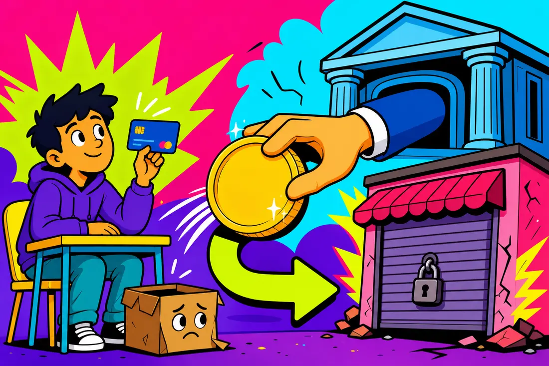 Illustration : un jeune tend sa carte bancaire tandis qu'une main géante ramène une grosse pièce d'or depuis une boutique fermée à rideau baissé