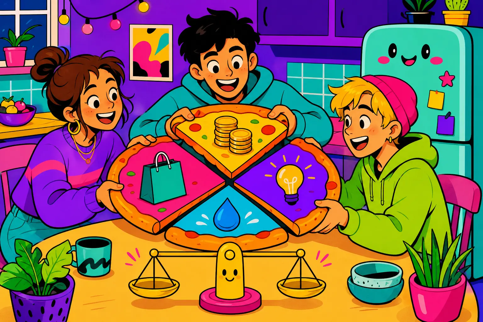 Illustration de trois colocataires souriants qui partagent une pizza géante découpée en parts avec des pièces, un sac de courses, une ampoule et une goutte d'eau, à côté d'une balance équilibrée