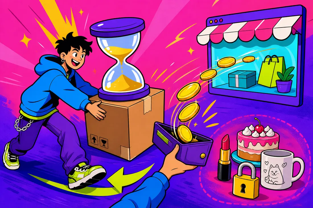 Illustration d'un jeune qui renvoie un carton surmonté d'un sablier vers une boutique en ligne, pendant que des pièces reviennent dans un portefeuille, à côté d'objets cadenassés