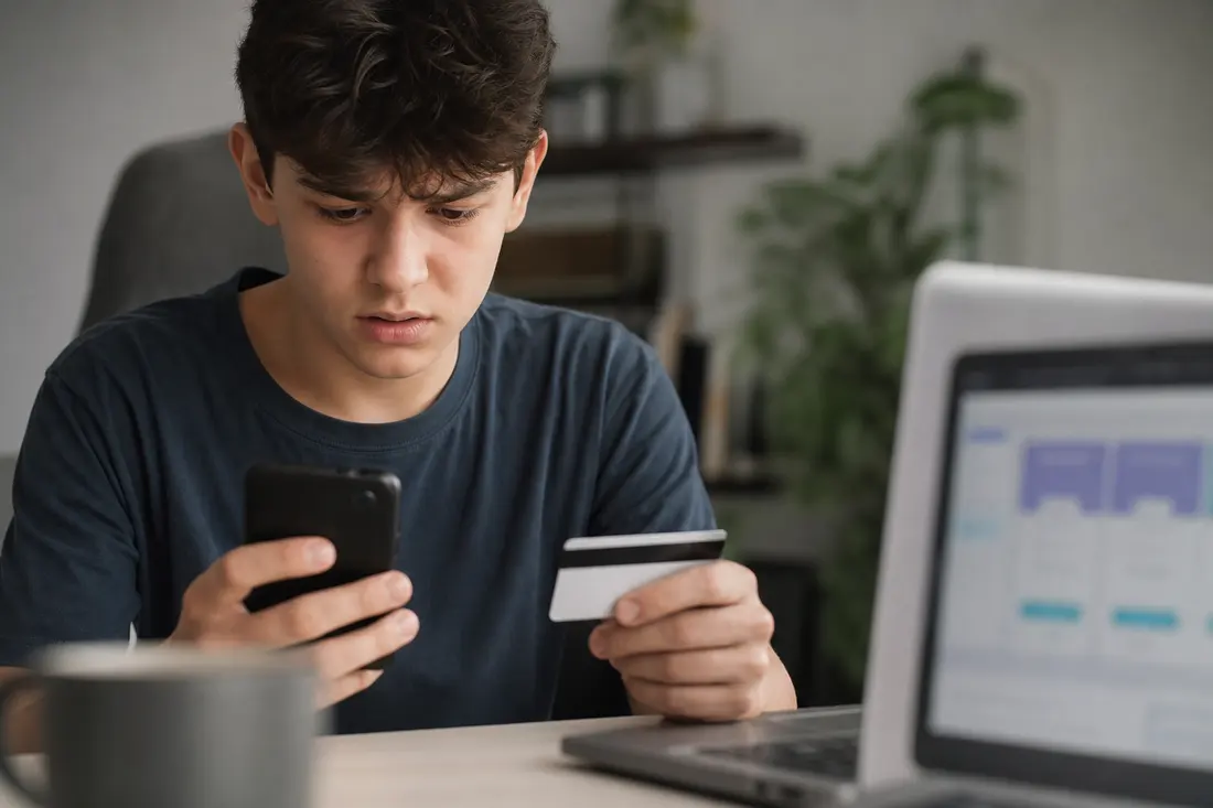 Jeune homme au regard inquiet, assis à un bureau, son téléphone dans une main et sa carte bancaire dans l'autre, devant un ordinateur portable