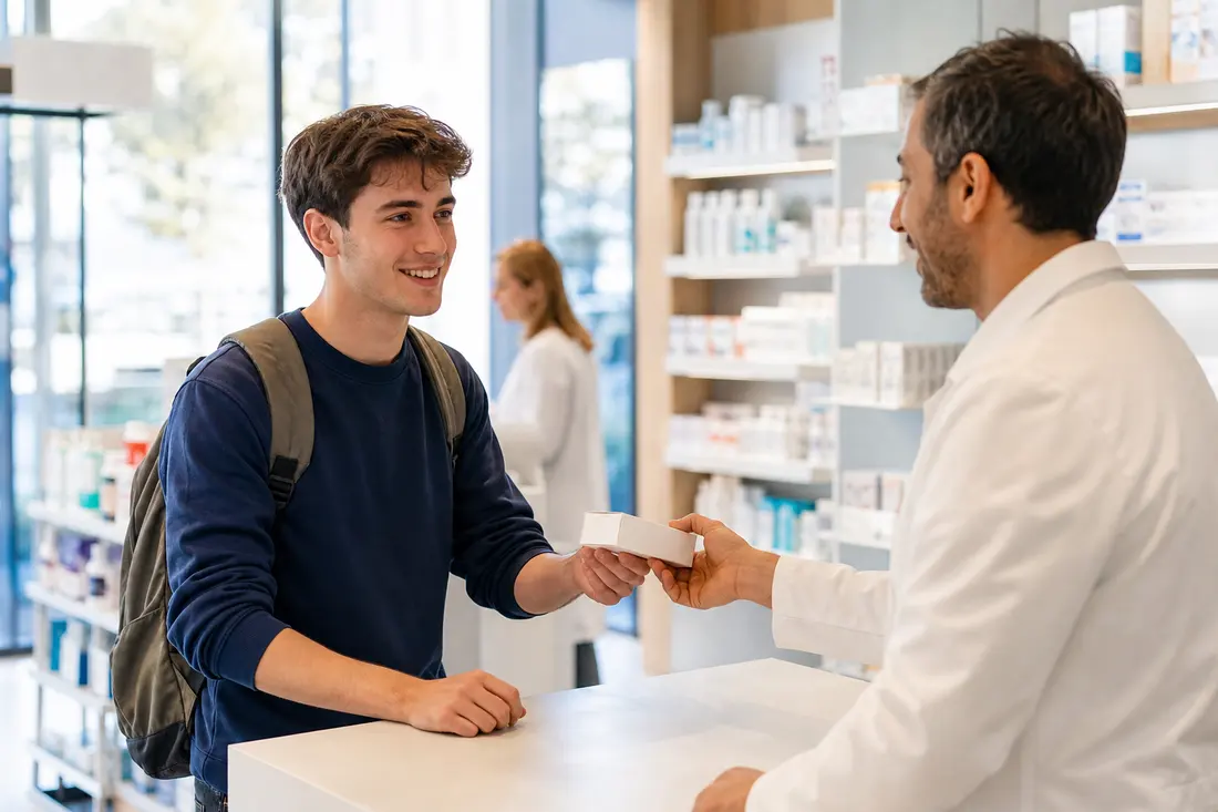 Un étudiant souriant, sac à dos sur les épaules, reçoit une boîte de médicaments des mains d'un pharmacien en blouse blanche au comptoir d'une pharmacie