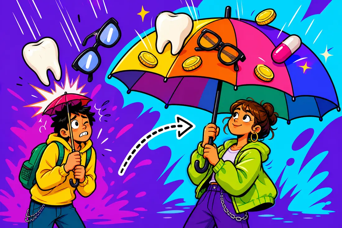 Illustration : un jeune sous un parapluie minuscule reçoit une pluie de lunettes, dents et pièces, tandis qu'un autre reste au sec sous un immense parapluie