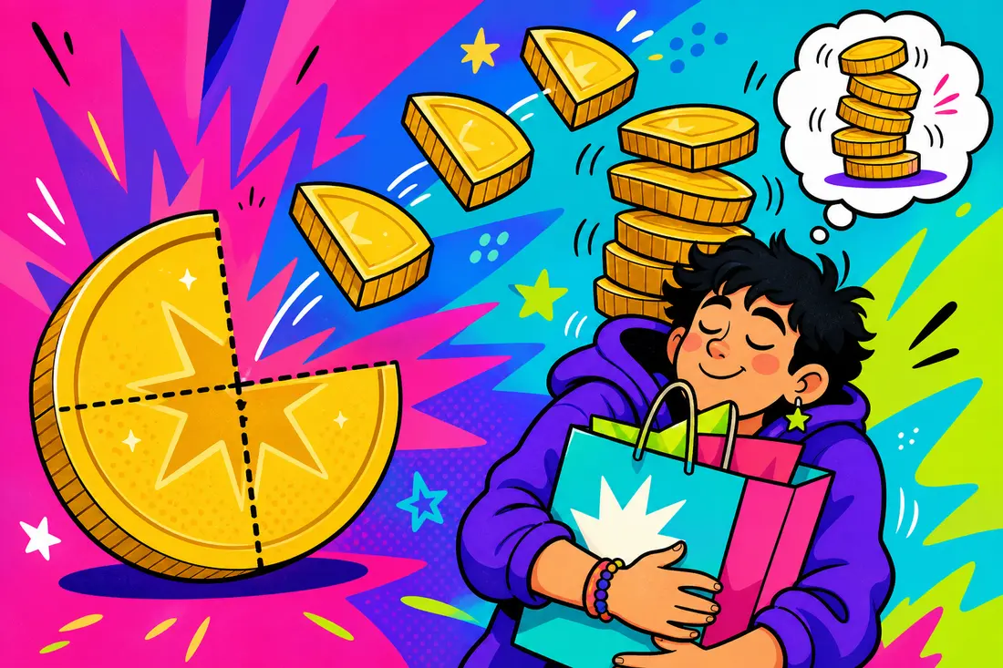 Illustration d'un jeune acheteur avec son sac pendant qu'une pièce géante se découpe en quatre parts qui s'empilent au-dessus de lui