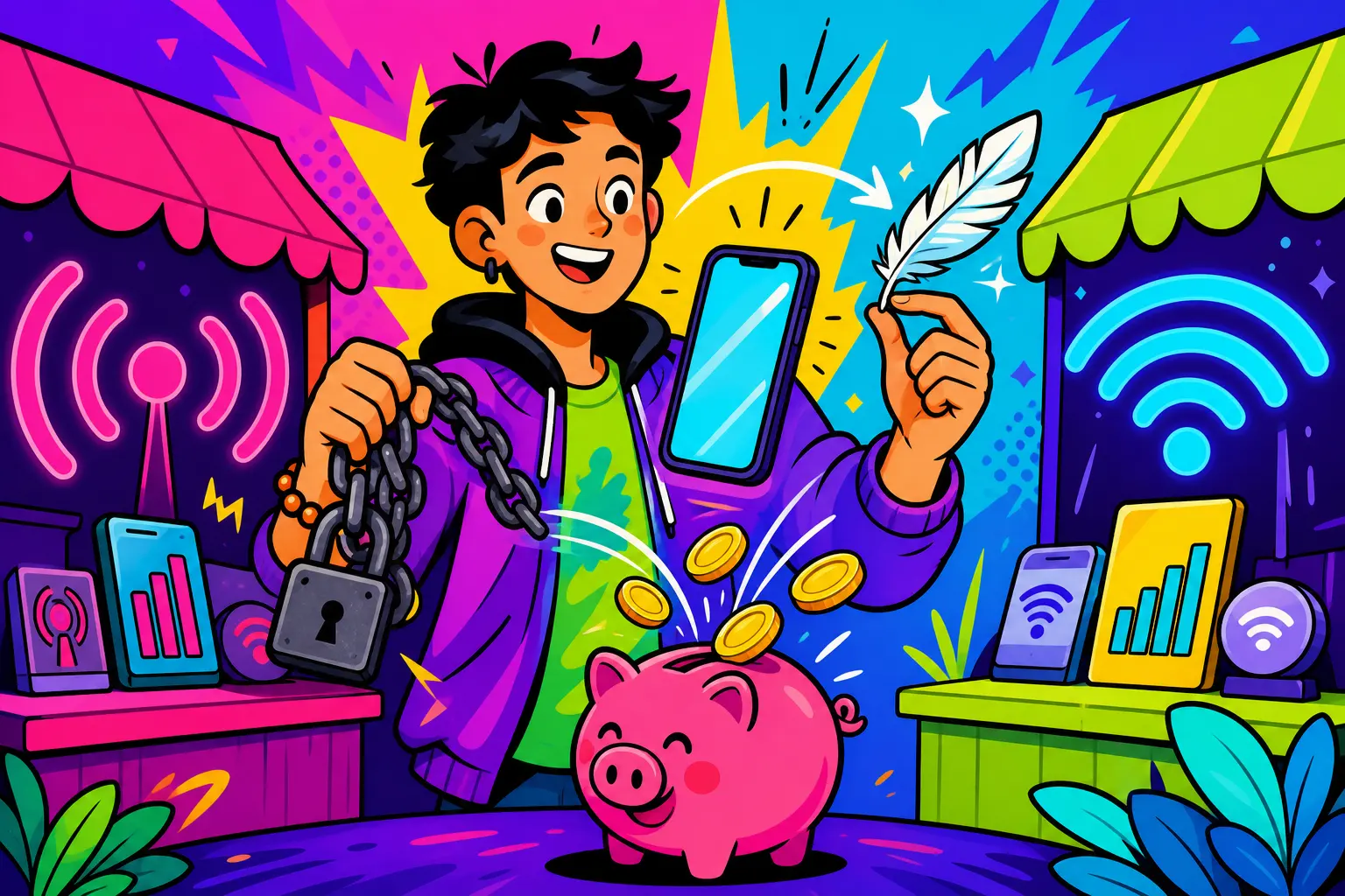 Illustration d'un jeune qui échange un lourd cadenas attaché à son téléphone contre une plume légère, entre deux étals d'icônes de réseau, pendant que des pièces retombent dans une tirelire