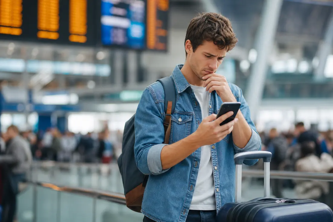 Jeune homme en veste en jean, sac à dos et valise, consulte son téléphone d'un air perplexe dans le hall bondé d'une gare
