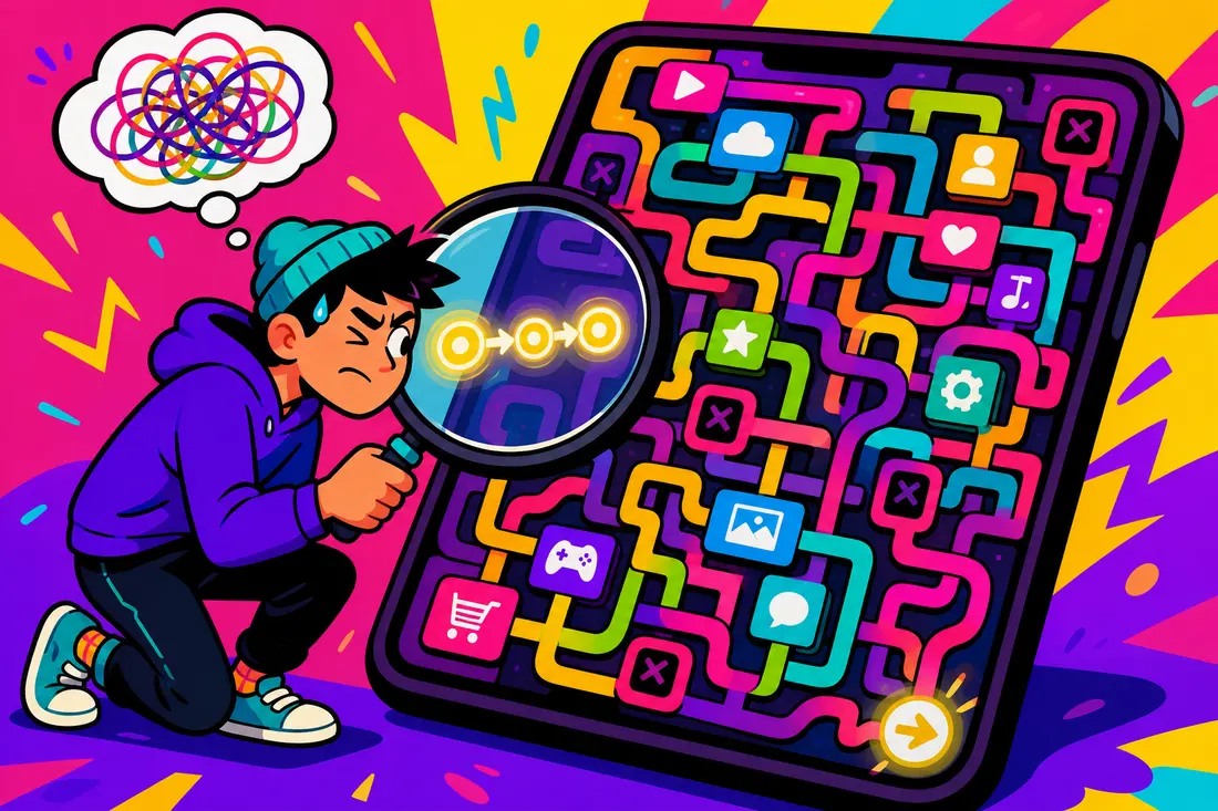 Illustration d'un jeune à la loupe devant un écran géant, cherchant le bouton de résiliation caché dans un labyrinthe de menus colorés