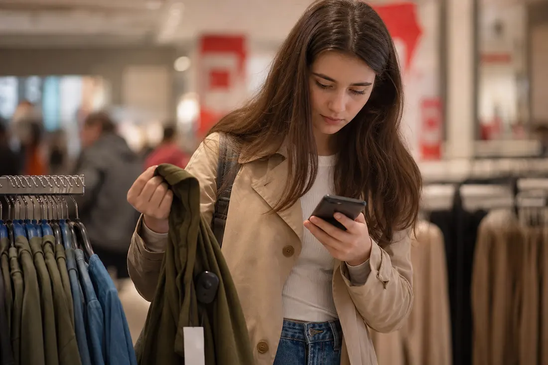 Jeune femme en trench beige dans un magasin de vêtements, un blouson kaki à la main, qui consulte son smartphone devant les portants