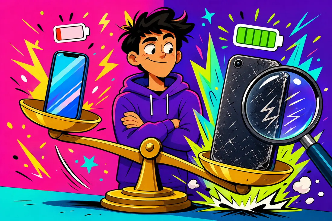 Illustration d'une balance : un smartphone impeccable à batterie vide face à un téléphone rayé à batterie pleine, qui l'emporte