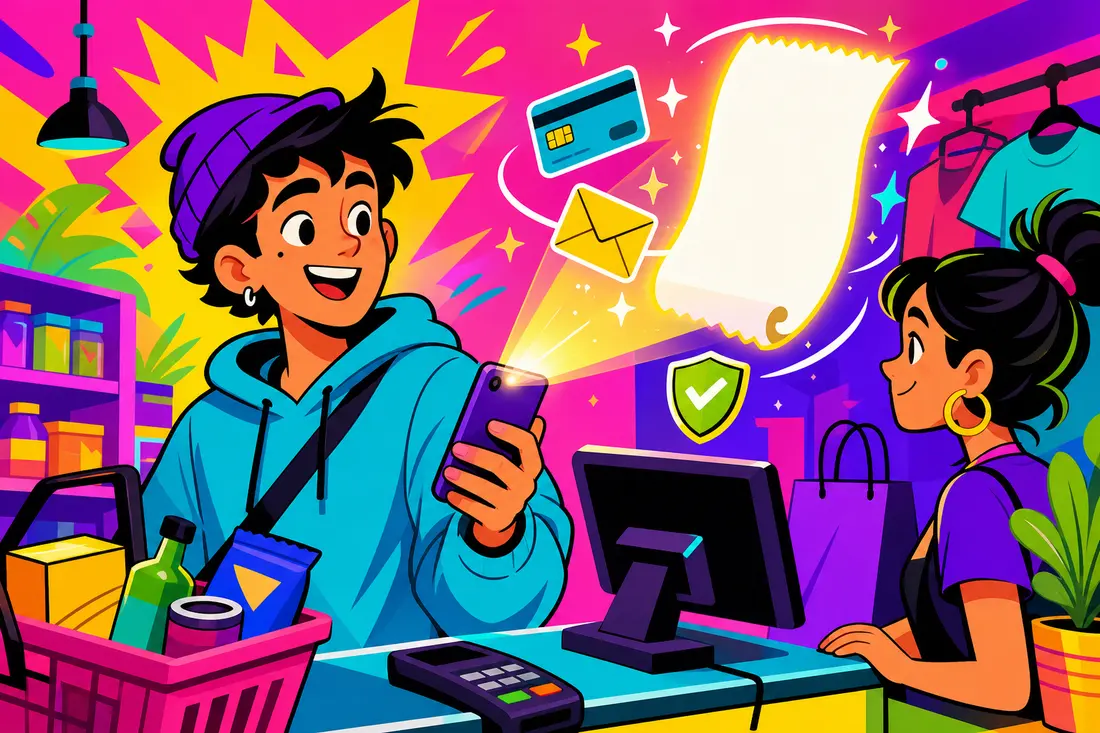 Illustration d'un jeune en caisse qui pointe son téléphone vers un ticket blanc lumineux entouré d'une carte bancaire, d'une enveloppe et d'un bouclier
