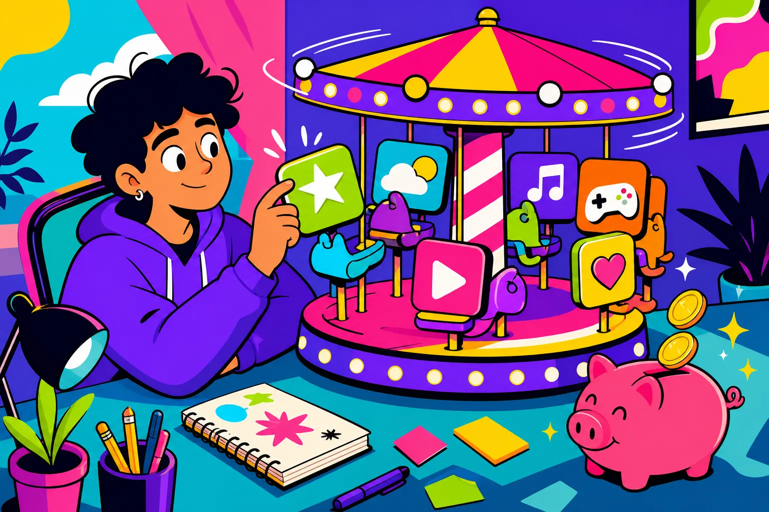 Illustration d'un jeune à son bureau qui choisit une icône d'appli sur un manège coloré pendant qu'une tirelire souriante récupère des pièces
