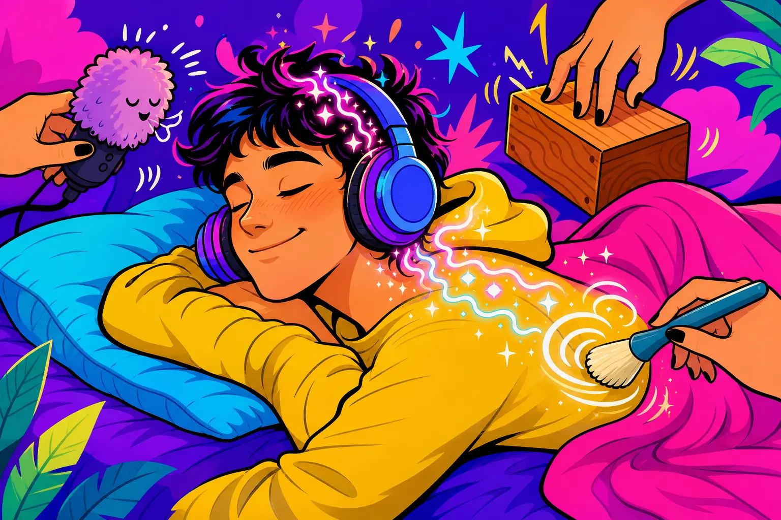 Illustration d'un jeune allongé avec un casque, les yeux fermés, parcouru de picotements lumineux pendant qu'un micro duveteux, des doigts sur une boîte et un pinceau l'entourent