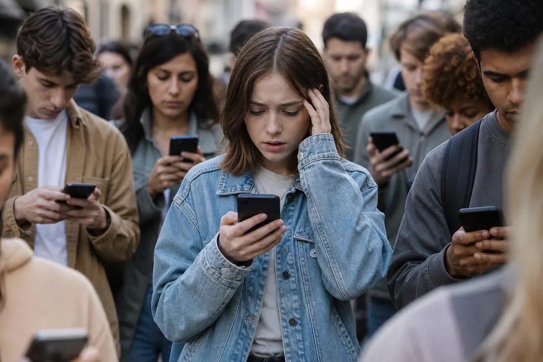 Dans une rue, une foule de jeunes rivés à leur smartphone ; au centre, une jeune femme en veste en jean semble inquiète.