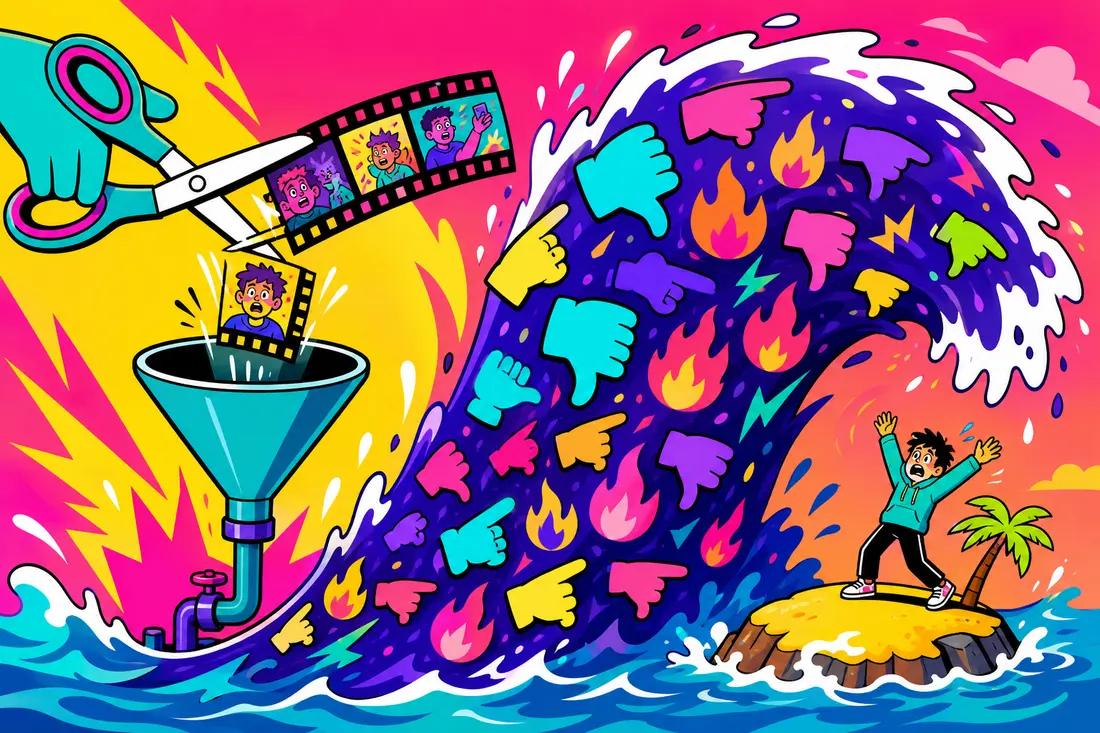 Illustration d'un extrait découpé aux ciseaux qui, versé dans un entonnoir, devient une vague de pouces baissés déferlant sur un jeune