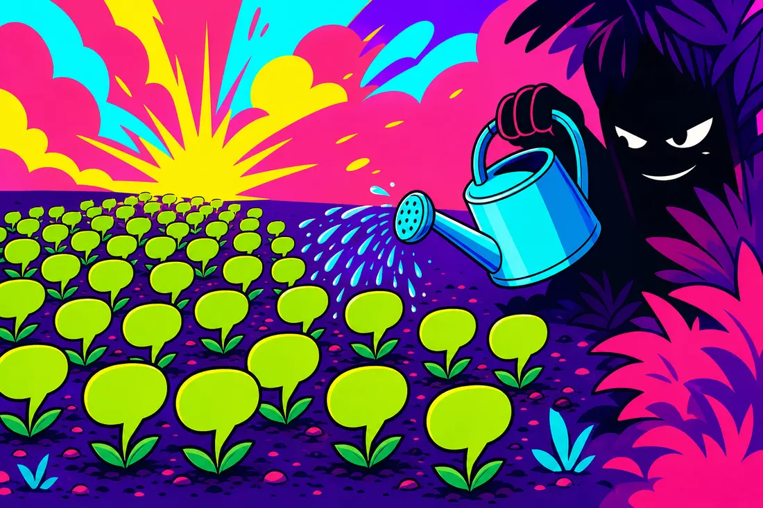 Illustration de dizaines de bulles de commentaires identiques poussant comme de l'herbe artificielle sur un terrain, avec une main géante qui les arrose en cachette depuis l'ombre