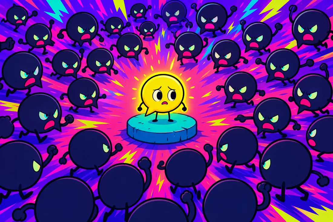 Illustration d'un petit commentaire lumineux et fragile entouré d'une armée de silhouettes sombres identiques qui convergent toutes vers lui depuis les quatre coins de l'écran, prêtes à l'écraser sous leur nombre